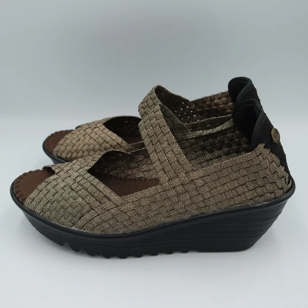 Bernie Mev Halle Bronze Metallic Woven Wedge Sandals Peep Toe Mary Jane 40 US 9
